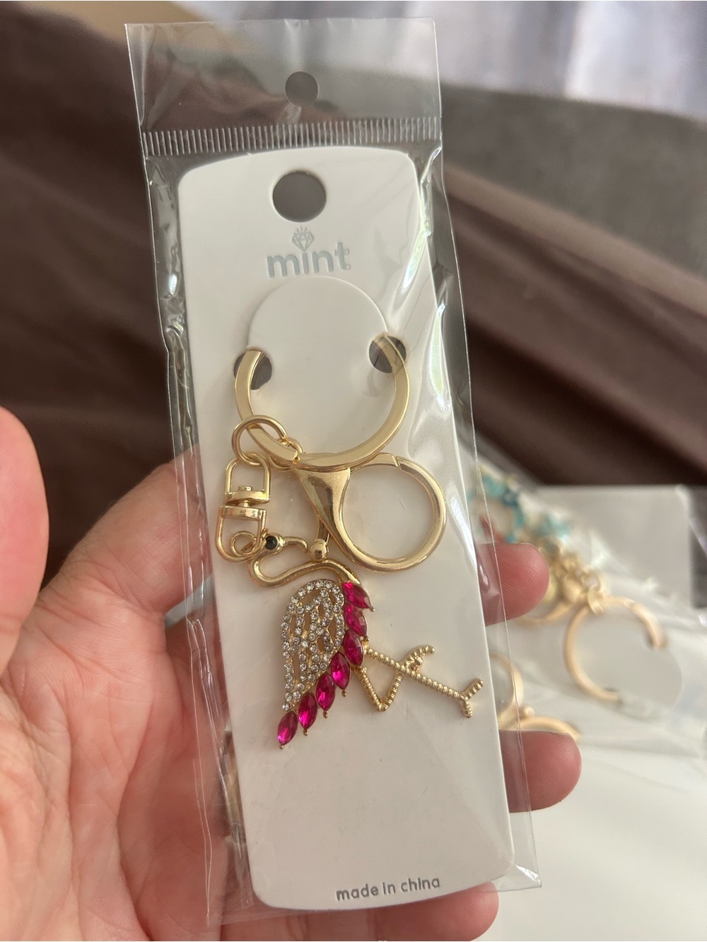 4/$50 Mint Gold Flamingo Keychain with Pink and Clear Crystal Wing